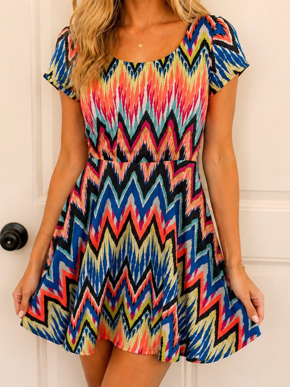 AS U WISH Multicolor Chevron Fit & Flare Dress – Back Cutout | SIZE SMALL